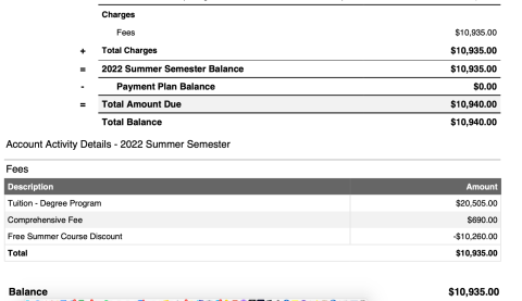 Screenshot of account activity on billing statement
