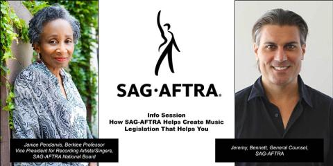 sag-aftra logo with pictures of speakers Janice Pendarvis and Jeffrey Bennett