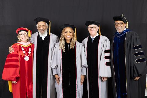 Berklee President Erica Muhl; honorees Chuck Rainey, Lalah Hathaway, and James Newton Howard; and Berklee Provost Larry Simpson