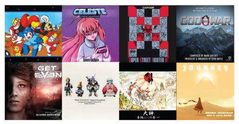 Collage of album art from eight video game soundtracks 