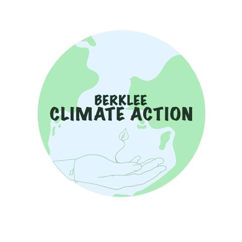 Berklee Climate Action Logo shows a globe and a musicians hand holding a sprout growing.