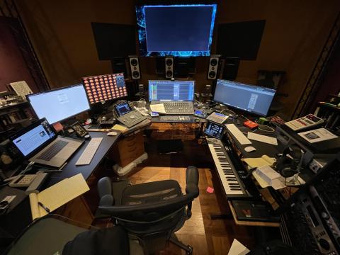 Scott Martin Gershin's sound design studio loaded with various screens, MIDI instruments, and other bespoke gadgets