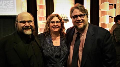 Scott Martin Gershin and Guillermo del Toro pose at the opening of the film Pinocchio