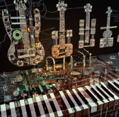 AI generated image of jazz instruments transforming into computer circuitry