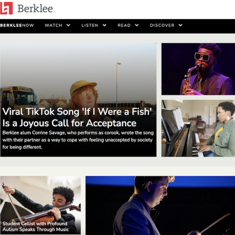 Screenshot of Berklee Now homepage with images and article titles