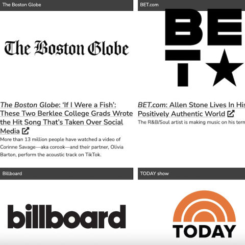 Screenshot of media hits with logos for Boston Globe, BET, Today, and Billboard