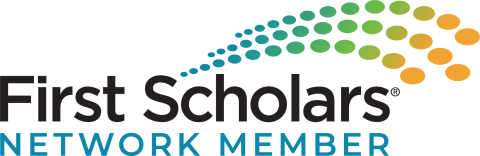 Logo for First Scholars. Text includes "First Scholars Network Member". Image includes three dotted lines that include the colors blue, green and orange
