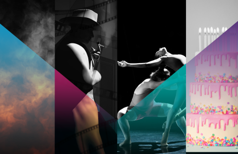 Collage of image with smoke, film-noir style actor, dancers, and a birthday cake. 