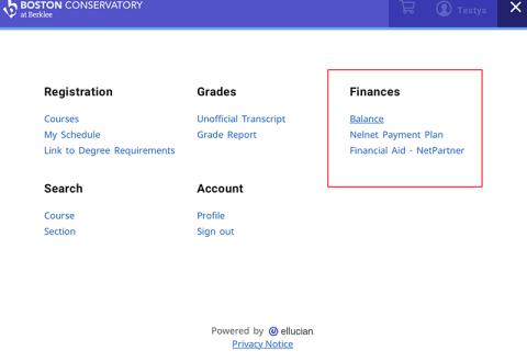 finance section of navigation menu BCB Self-Service