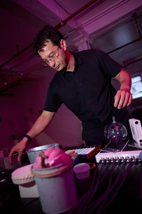 Akito van Troyer plays his tabletop drumming machine