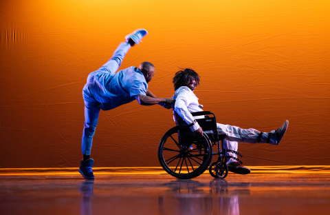 Ruka White (left) gives partner Laks Indrakaran a push in “Rehab.”