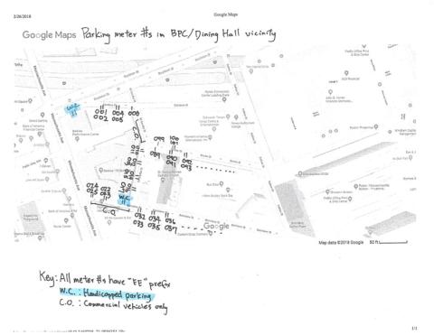 Map of area parking meters and their numbers.