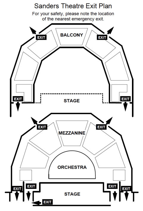 Emergency exit diagram for Sanders Theatre with the text: "Sanders Theatre Exit Plan For your safety, please note the location of the nearest emergency exit."