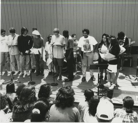 Students on stage preparing to perform during 1993 5-week Summer Performance