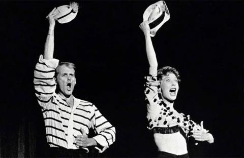 black and white photo of Bob Fosse and Gwen Verdon onstage