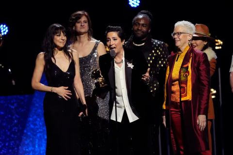 Carla Patullo with the Scorchio Quartet and Tonality after winning Best New Age, Ambient, or Chant Album for So She Howls at the 2024 Grammy Awards.