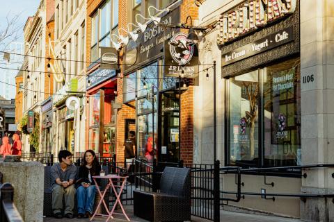Image of Boylston St, featuring Boston Burger Company, JP Licks, and Pavement Coffehouse