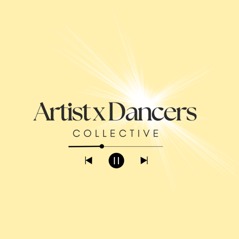 Logo reading "Artist x Dancers Collective" with a bright starburst and music player controls on a pale yellow background.
