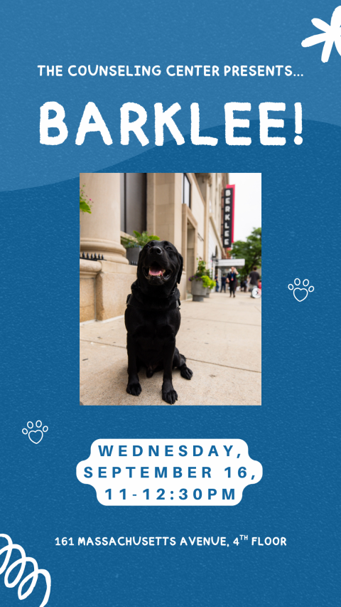 flyer stating Barklee will be at the counseling center for visits on wednesday 9/16