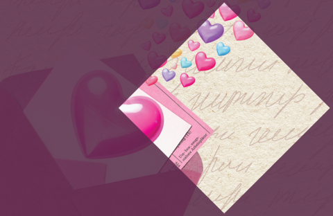 Illustration of hearts flowing out of an envelope in front of a pale white background with words. The image is highlighted by a diamond shape on the right side.