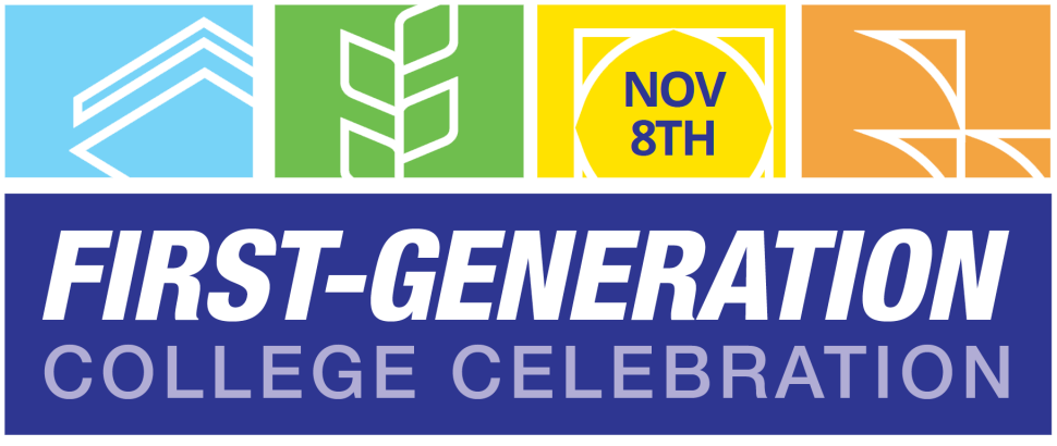 Four abstract icons, with the text "First Generation College Celebration"